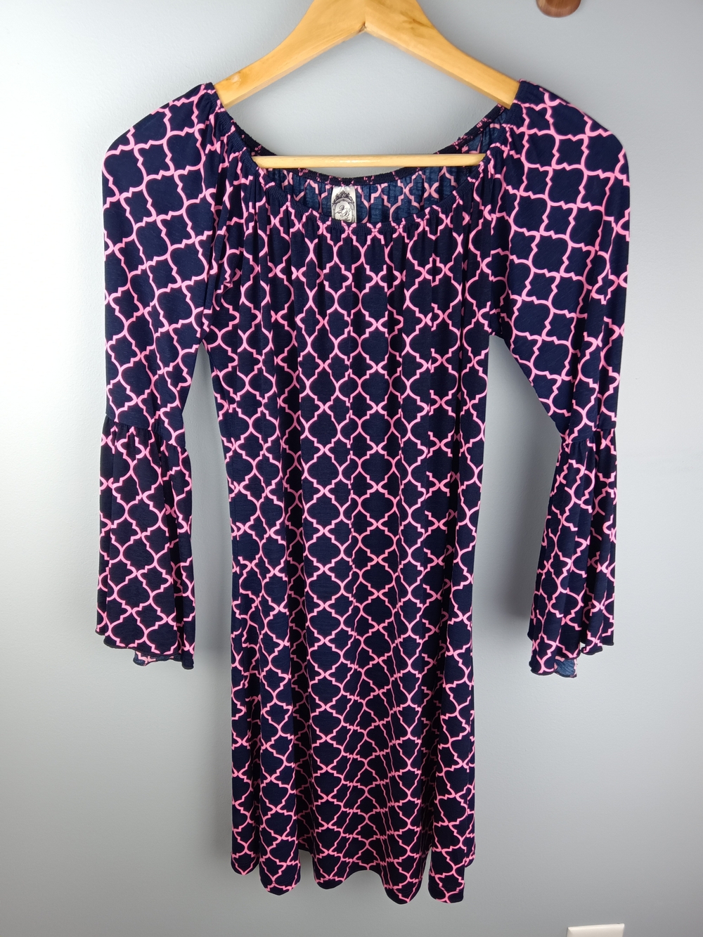 Navy and Pink Geometric Long Sleeve Dress